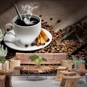 Fincan ve Kahve Çekirdeği Temalı Cafe Duvar Kağıdı Baskı - 1