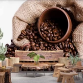Çuvalda Kahve Çekirdekli Cafe Duvar Kağıdı Baskı - 1