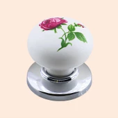 Pembe Gül Desenli Beyaz Polimer Düğme Kulp Krom Tablalı Mobilya Mutfak Dolabı Çekmece Kulbu Kulpları - 5