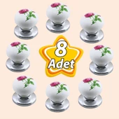 8 Adet Pembe Gül Desenli Beyaz Polimer Düğme Kulp Krom Tablalı Mobilya Mutfak Dolabı Çekmece Kulbu Kulpları thumbnail 1