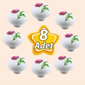 8 Adet Pembe Gül Desenli Beyaz Polimer Düğme Kulp Mantar Mobilya Mutfak Dolabı Çekmece Kulbu Kulpları thumbnail 1