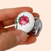 8 Adet Pembe Gül Desenli Beyaz Polimer Düğme Kulp Krom Tablalı Mobilya Mutfak Dolabı Çekmece Kulbu Kulpları thumbnail 3