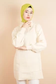 Yarım Fermuarlı Fitilli Tunik Kazak Krem - 1
