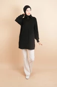 Yarım Fermuarlı Fitilli Tunik Kazak Siyah - 2