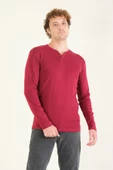 Erkek Sıfır Yaka Düğmeli Uzun Kol Sweatshirt Bordo - 2