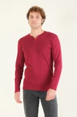 Erkek Sıfır Yaka Düğmeli Uzun Kol Sweatshirt Bordo - 1