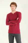 Erkek Sıfır Yaka Düğmeli Uzun Kol Sweatshirt Bordo - 3