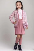 Kız Çocuk Kolları ve Yakası İnci Detaylı Bluz Kazayağı Desenli Triko Ceket Pembe Etekli Takım - 5