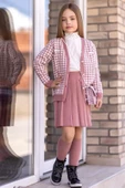 Kız Çocuk Kolları ve Yakası İnci Detaylı Bluz Kazayağı Desenli Triko Ceket Pembe Etekli Takım - 1