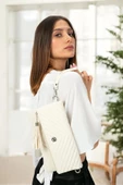 Uzun Askılı Kadın Ekru Clutch Portföy Çantası - 1