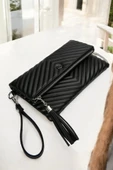 Uzun Askılı Kadın Siyah Clutch Portföy Çantası - 6