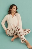 Mihra Kadın Gömlek Yaka TERMAL Pijama Takımı 14300/2 - 1 Adet  XL Bej - 2