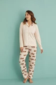 Mihra Kadın Gömlek Yaka TERMAL Pijama Takımı 14300/2 - 1 Adet  S - M Bej thumbnail 4