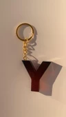 Y Harfi Kırmızı Renk Siyah Dumanlı Süs Gold Aksesuarlı Epoksi Anahtarlık El Yapımı Hediyelik thumbnail 8