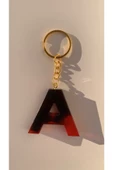 A Harfi Kırmızı Renk Siyah Dumanlı Süs Gold Aksesuarlı Epoksi Anahtarlık El Yapımı Hediyelik thumbnail 3