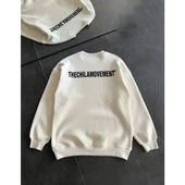 Kışlık Bisiklet Yaka Oversize Baskılı SweatShirt - Beyaz - 1