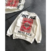 Bisiklet Yaka Üç İplik Baskılı Oversize SweatShirt - Beyaz - 2