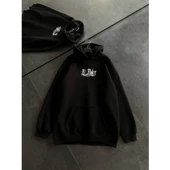 Üç İplik Penye Uzun Kol Kapşonlu Baskılı SweatShirt - Siyah - 1