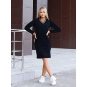 Lucky Life Kadın Uzun Kollu V Yaka Kol Ağzı Ve Yaka Ribana Detaylı Iki Iplik Mini Boy Elbise - 2