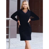 Lucky Life Kadın Uzun Kollu V Yaka Kol Ağzı Ve Yaka Ribana Detaylı Iki Iplik Mini Boy Elbise - 8