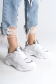 TOKYO Bağcıklı Ortopedik Taban Triko Detaylı Kadın Spor Ayakkabı BT Beyaz/Gri - 1