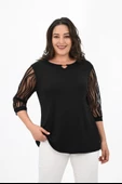 Kadın Büyük Beden Tül Detaylı Aksesuar Yaka Bluz 1864-25 - 2