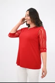 Kadın Büyük Beden Tül Detaylı Aksesuar Yaka Bluz 1864-25 - 10