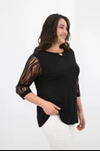 Kadın Büyük Beden Tül Detaylı Aksesuar Yaka Bluz 1864-25 - 5