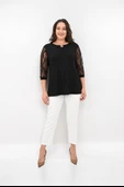 Kadın Büyük Beden Tül Detaylı Aksesuar Yaka Bluz 1864-25 - 3