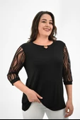 Kadın Büyük Beden Tül Detaylı Aksesuar Yaka Bluz 1864-25 - 7