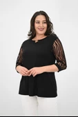 Kadın Büyük Beden Tül Detaylı Aksesuar Yaka Bluz 1864-25 - 4