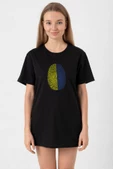 Sarı Lacivert Parmak İzi Siyah Kadın Oversize Tshirt - 1