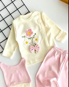 Neşeli Bebekler Kabartma Çiçek Desen Fiyonklu Önden Çıtçıtlı Kendinden Eldivenli Bereli Yeni Doğan Penye Takım thumbnail 2