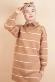 Yarım Fermuarlı Kalın Aralıklı Çizgili Tunik Kazak Bej thumbnail 1