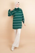 Yarım Fermuarlı Kalın Aralıklı Çizgili Tunik Kazak Zümrüt - 2