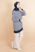 İnce Çizgili Polo Yaka Tunik Kazak Lacivert - 3