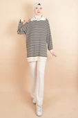 İnce Çizgili Polo Yaka Tunik Kazak Krem - 2