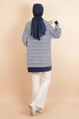 İnce Çizgili Polo Yaka Tunik Kazak Lacivert - 4