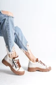 AGATHA Bağcıklı Fermuarlı Ortopedik Taban Cilt Kadın Sneaker Ayakkabı TT Krem - 3