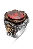 Kırmızı Taşlı Aslan Kapı Tokmak Motifli 925 Gümüş Erkek Yüzük - 2