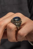 Mavi Kaplan Gözü Taşlı 925 Gümüş Erkek Yüzük thumbnail 3