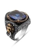 Parlament Mavisi Taşlı Aslan Kapı Tokmak Motifli 925 Gümüş Erkek Yüzük thumbnail 2