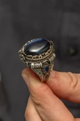 Mavi Kaplan Gözü Taşlı 925 Gümüş Erkek Yüzük thumbnail 5