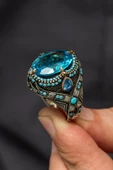 Aqua Mavi Taşlı 925 Gümüş Erkek Yüzük - 7