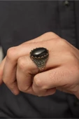 Oval Siyah oniks Taşlı 925 Gümüş Erkek Yüzük - 3