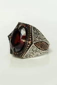 Kırmızı Taşlı Faset Kesim 925 Gümüş Erkek Yüzük thumbnail 7