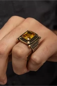 Sarı Taşlı Kare 925 Gümüş Erkek Yüzük - 7