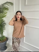 Kadın Açık Yaka Uzun Kol Triko Camel thumbnail 3