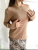 Kadın Açık Yaka Uzun Kol Triko Camel thumbnail 4