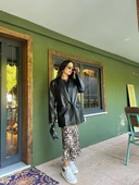 Kadın Kruvaze Yaka Çift Düğmeli Deri Ceket Siyah - 5